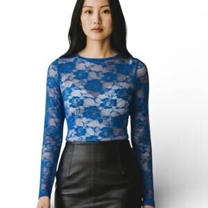 Color Story Royal Blue Floral Lace Long Sleeve Tee